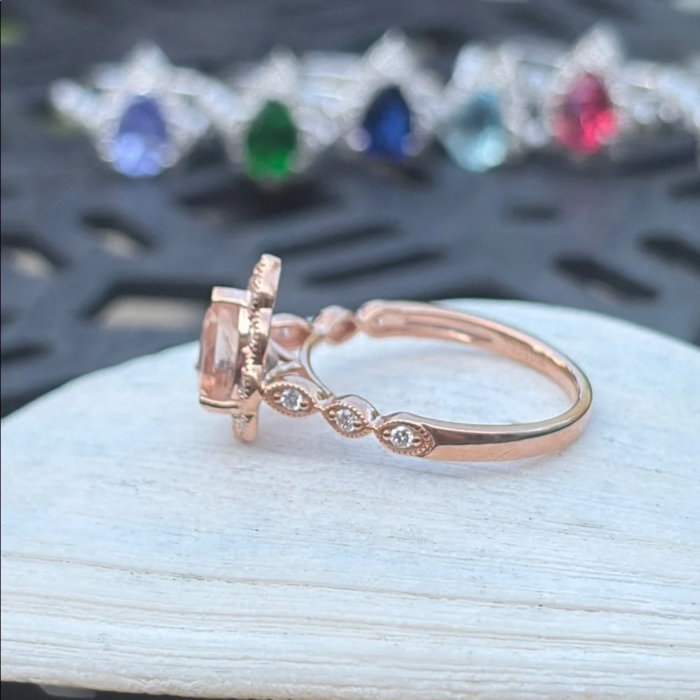 Pear Cut 1.25 tcw Morganite & Diamond Ring 14k Rose GP Sterling Silver Size 7 - Picture 8 of 13